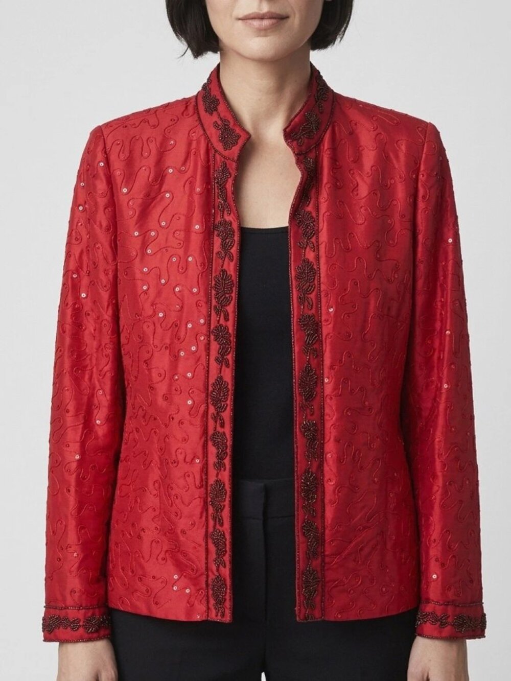 VTG Bloomingdale Red Silk/Wool Sequined/Beaded Mandarin Collar Jacket Sz 6P